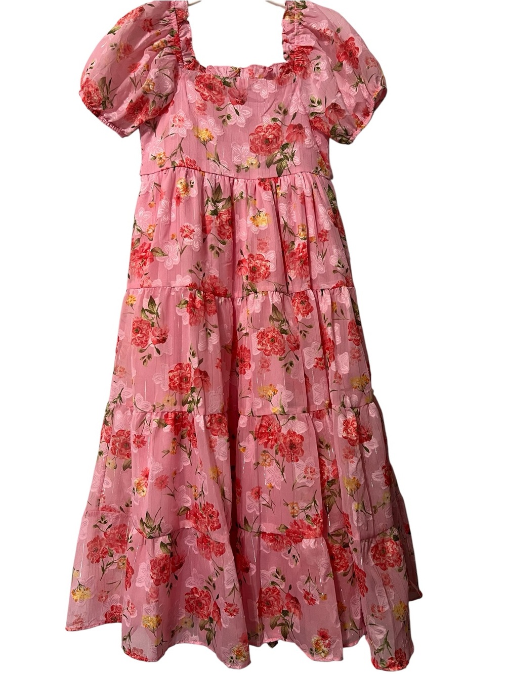 Rare Editions Pink Floral Tiered Puff Sleeve Dress
